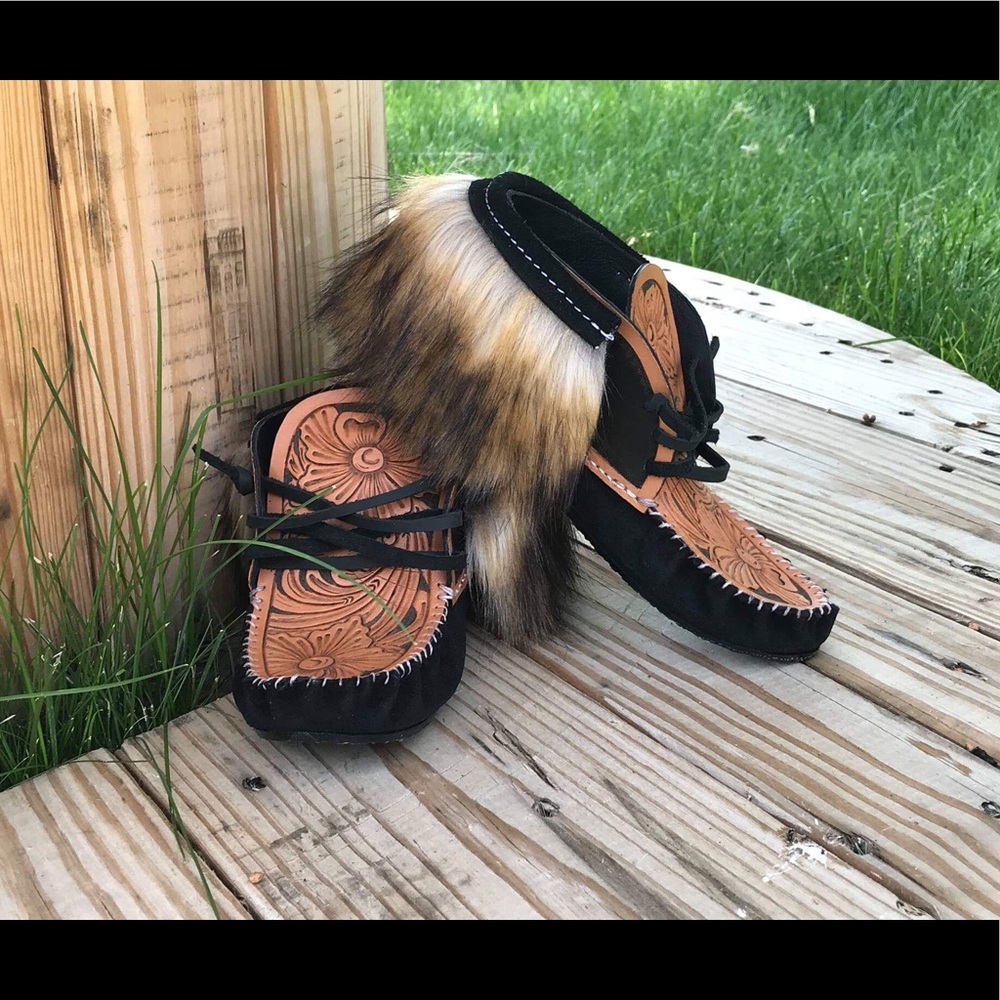 Tooled leather & faux fur moccasins
